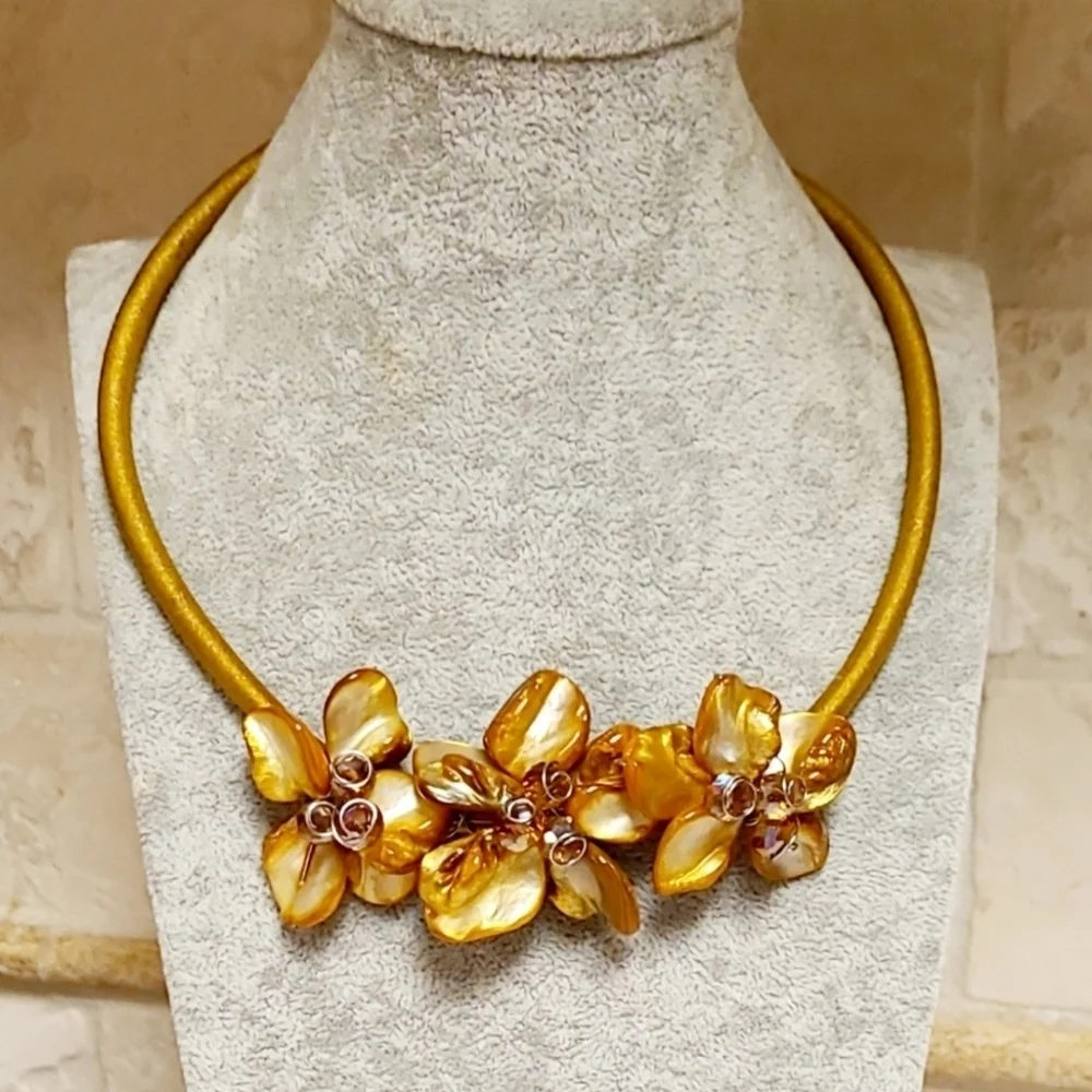 Vintage Handcrafted Golden Dahlia Flower Crystal Beaded Silk Statement N…